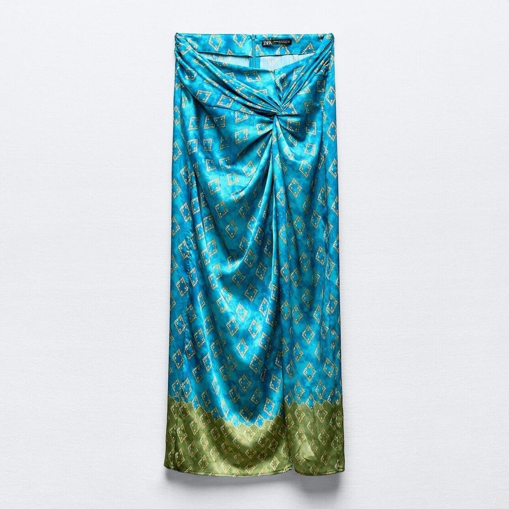 NWT Zara Twisted Satin Turquoise and Olive Patterned Skirt With Slit